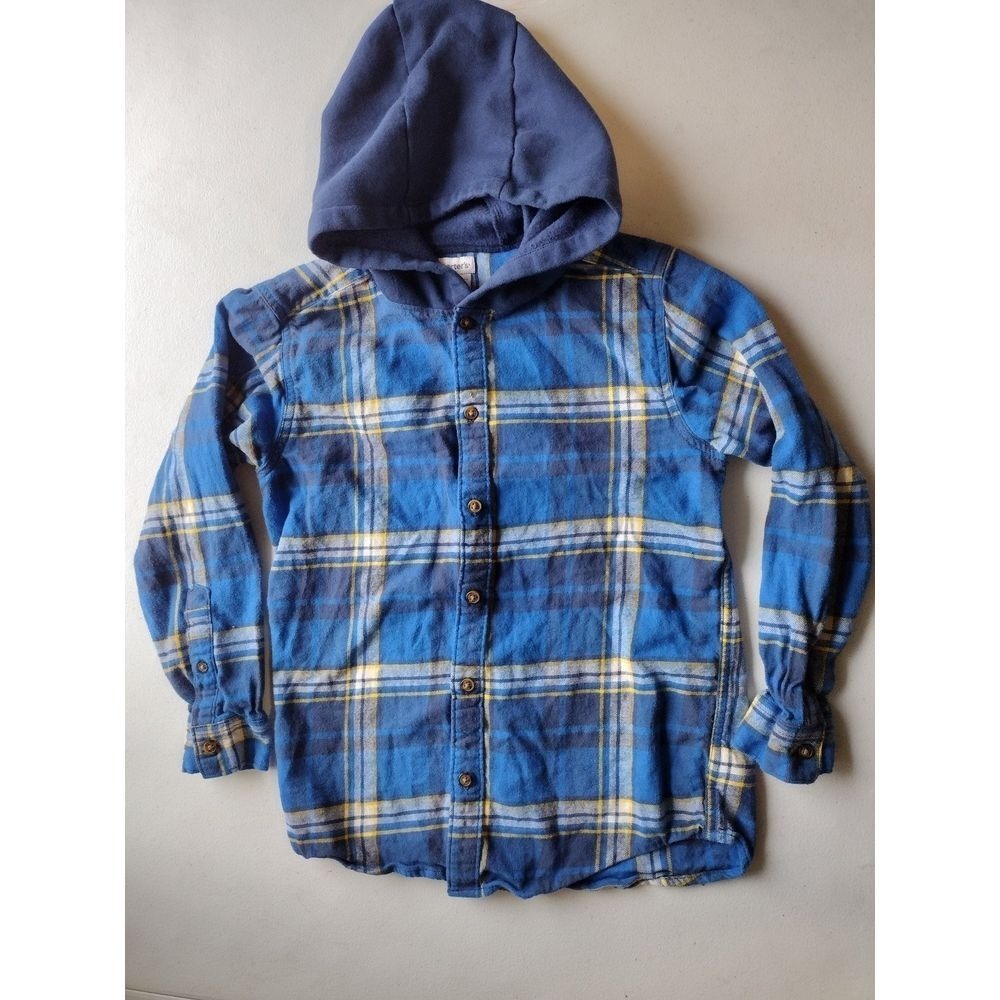 Carter's Blue Yellow Plaid Flannel Hoodie Shirt Size 12
